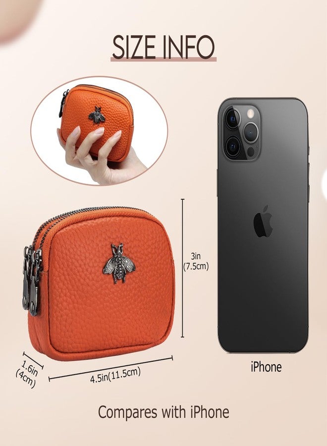 imeetu Women Leather Coin Purse, Small 2 Zippered Change Pouch Wallet(Orange) - Image 3